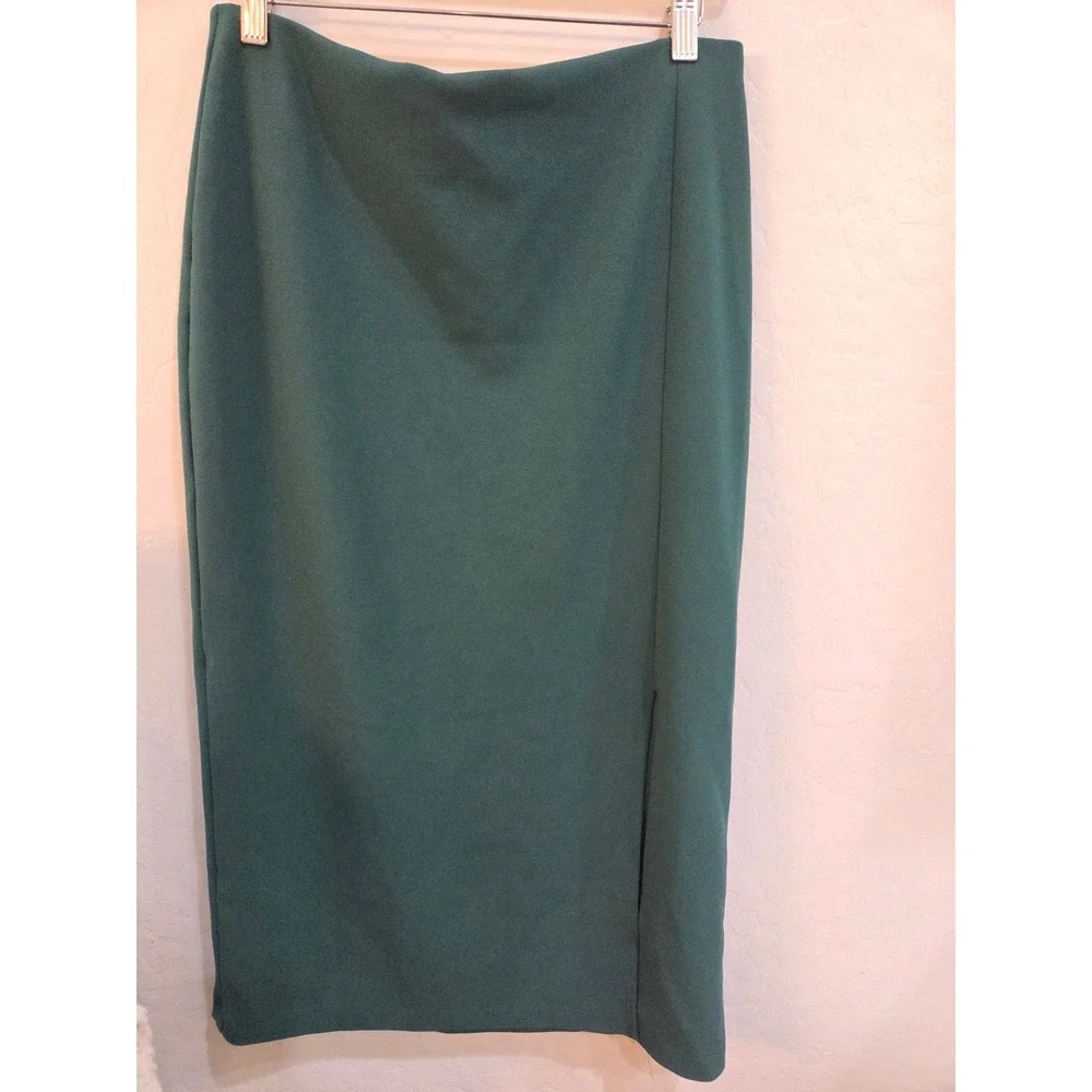 Dark Green Midi Pencil Skirt Side Slit Professional Career Wear Emerald small